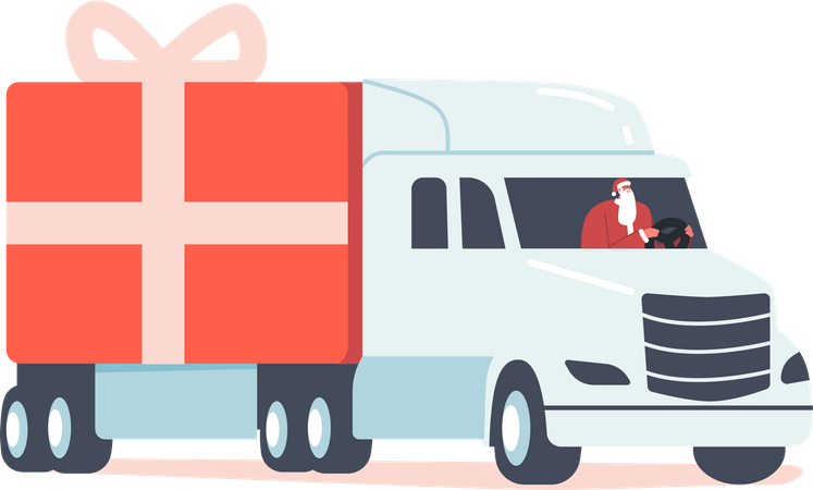 Personnage du Père Noël conduisant un camion avec des cadeaux de Noël  Illustration