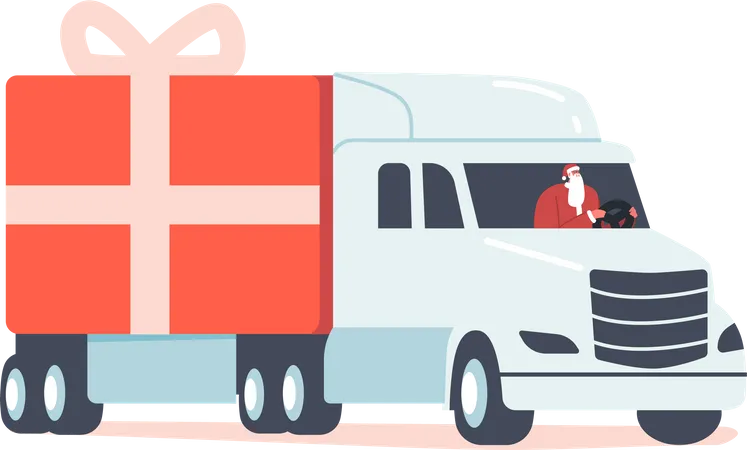Personnage du Père Noël conduisant un camion avec des cadeaux de Noël  Illustration
