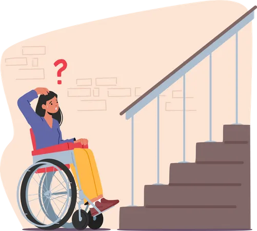 Personnage féminin en fauteuil roulant essayant d'accéder au porche du bâtiment sans rampe  Illustration