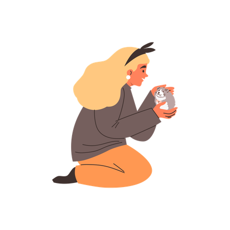 Personnage féminin tenant un petit hamster gris  Illustration