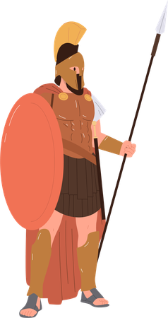 Personnage guerrier grec antique portant une armure traditionnelle tenant une lance et un bouclier  Illustration