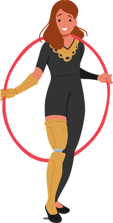 Personnage de gymnaste souriante avec bras et jambe prothétiques  Illustration