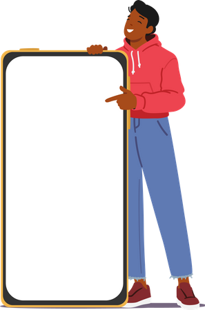 Personnage d'homme debout près d'un énorme smartphone avec un écran vide  Illustration