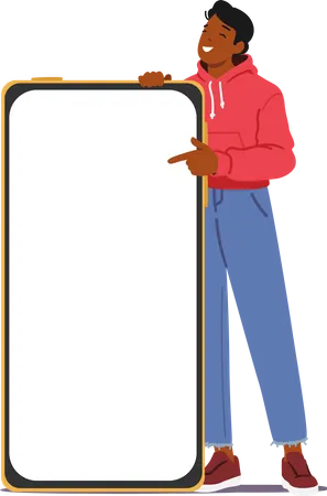 Personnage d'homme debout près d'un énorme smartphone avec un écran vide  Illustration
