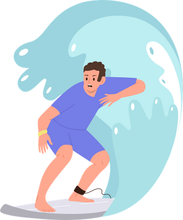 Caractère d'homme extrêmement surfant sur la surface de l'eau de mer de l'océan  Illustration