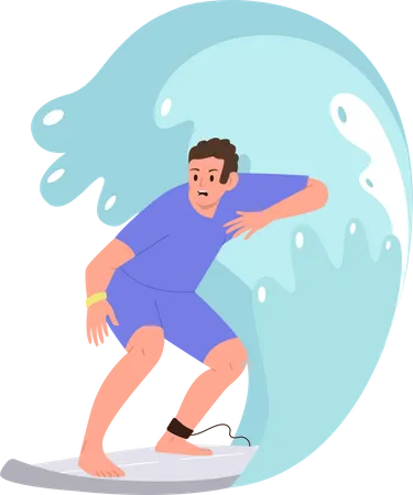 Caractère d'homme extrêmement surfant sur la surface de l'eau de mer de l'océan  Illustration