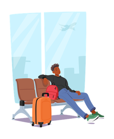 Personnage masculin assis sur une chaise à l'aéroport entouré de bagages  Illustration