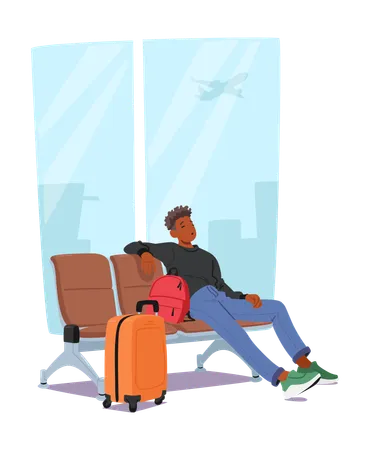 Personnage masculin assis sur une chaise à l'aéroport entouré de bagages  Illustration