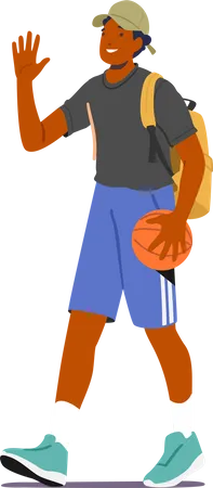 Personnage masculin avec sac à dos et basket-ball  Illustration