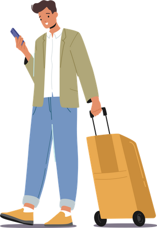 Le personnage masculin en vêtements d'été tient ses bagages  Illustration
