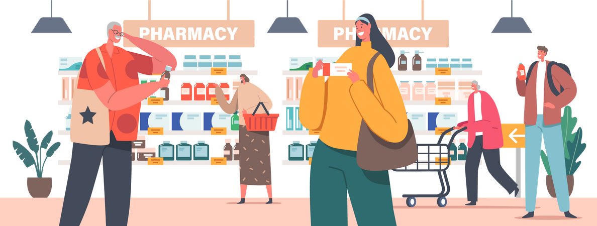 Les personnages achètent des médicaments dans une pharmacie  Illustration