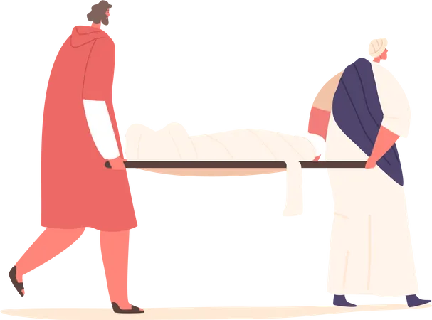 Des personnages d’apôtres en deuil portent tendrement le corps sans vie de Jésus sur des civières  Illustration