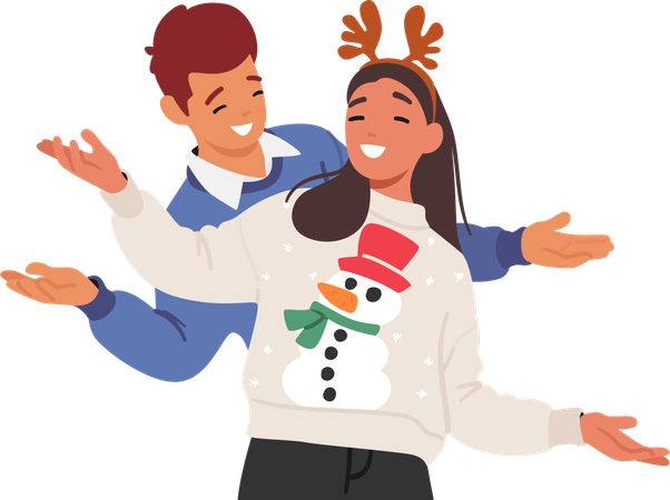 Personnages de couple joyeux dans des pulls de Noël confortables  Illustration