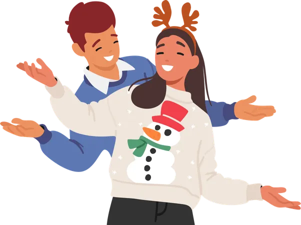 Personnages de couple joyeux dans des pulls de Noël confortables  Illustration