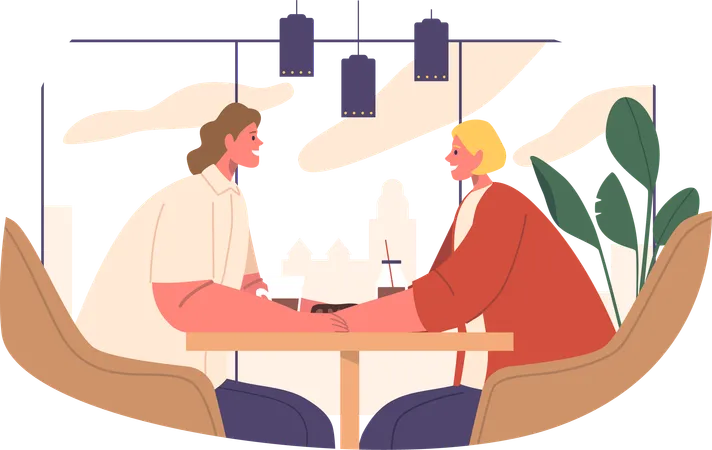 Personnages de couples romantiques baignés dans la lueur chaleureuse d’un café  Illustration