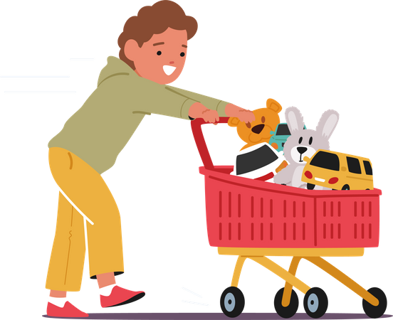 Personnages de garçon joyeux poussant un chariot de supermarché débordant d'une gamme de jouets  Illustration