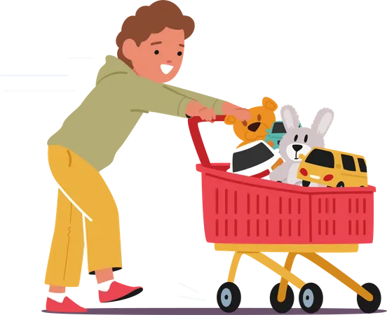 Personnages de garçon joyeux poussant un chariot de supermarché débordant d'une gamme de jouets  Illustration