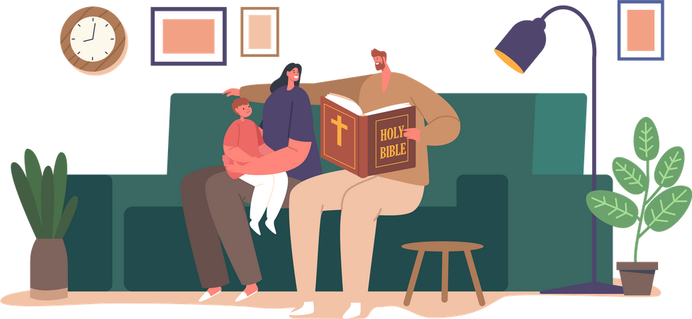 Personnages de familles chrétiennes rassemblés autour, absorbés par la lecture de la Bible  Illustration