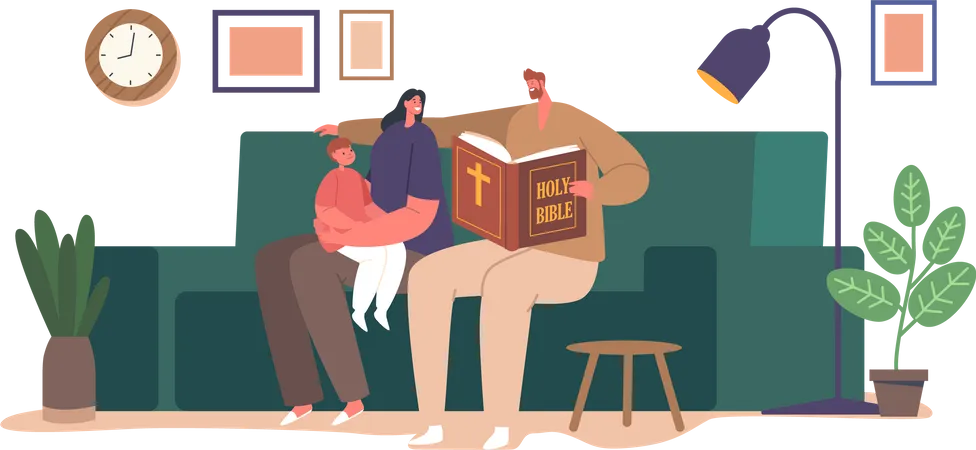 Personnages de familles chrétiennes rassemblés autour, absorbés par la lecture de la Bible  Illustration