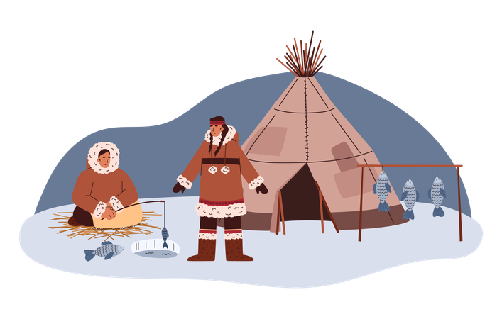 Personnages esquimaux de l'Arctique pêchant près d'un igloo  Illustration