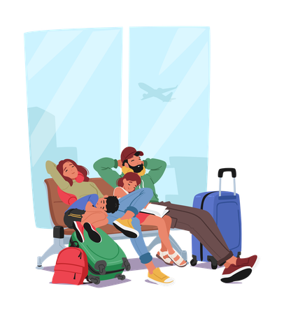 Personnages familiaux réunis sur un banc à l'aéroport avec leurs bagages  Illustration