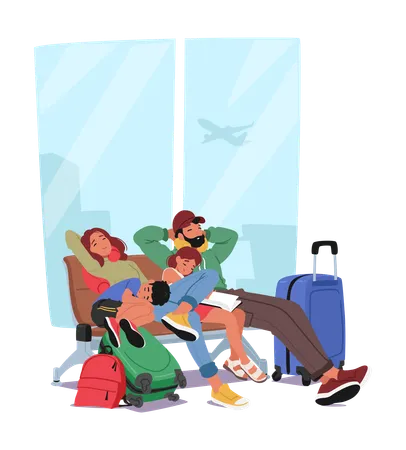 Personnages familiaux réunis sur un banc à l'aéroport avec leurs bagages  Illustration