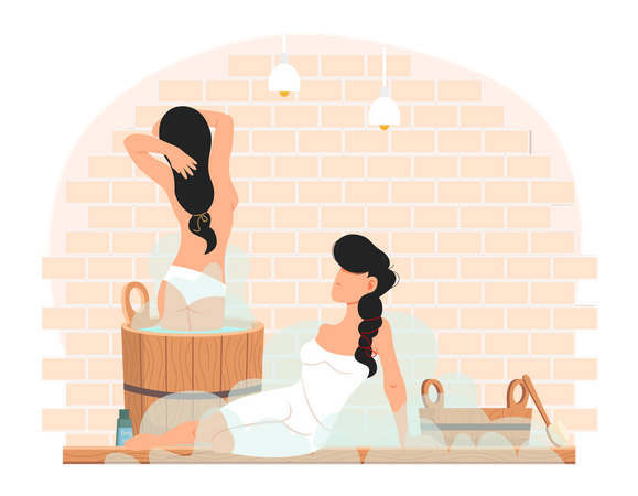 Personnages féminins dans un sauna à vapeur chaude  Illustration