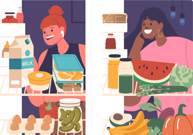 Personnages féminins heureux regardant à l'intérieur d'un réfrigérateur avec des produits sains  Illustration