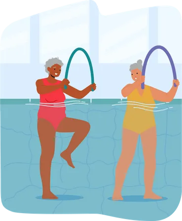 Personnages féminins seniors exerçant dans la piscine  Illustration