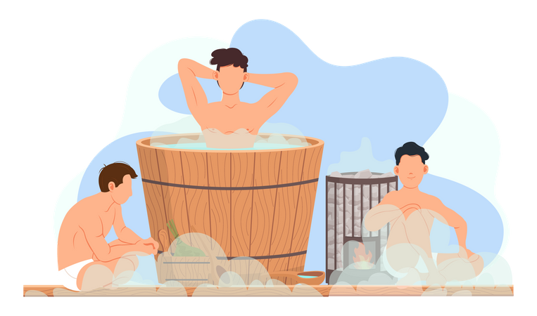 Personnages masculins dans la vapeur chaude passant du temps et communiquant ensemble dans un sauna  Illustration