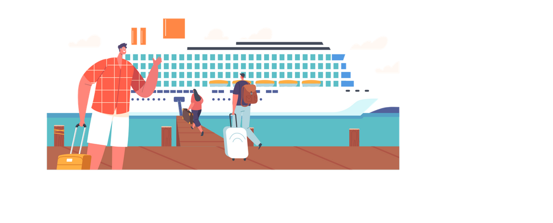 Personnages de touristes en attente d'embarquement sur un paquebot de croisière  Illustration