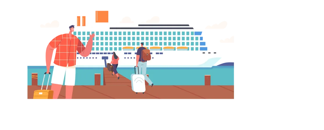 Personnages de touristes en attente d'embarquement sur un paquebot de croisière  Illustration