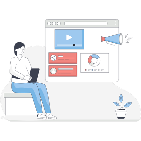 Personne assise sur un canapé concentrée sur un ordinateur portable avec un écran actif affichant du contenu  Illustration
