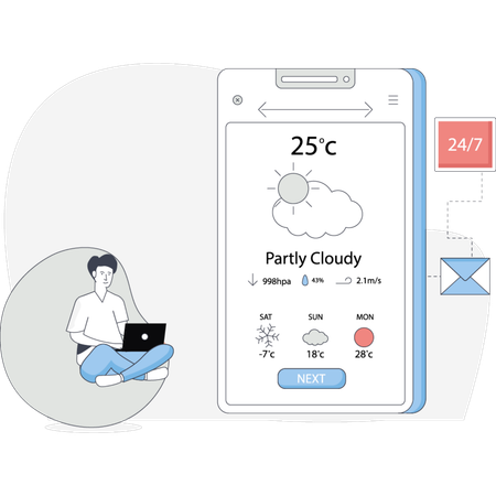 Personne assise sur une chaise utilisant un ordinateur portable pour consulter une application météo sur l'écran  Illustration