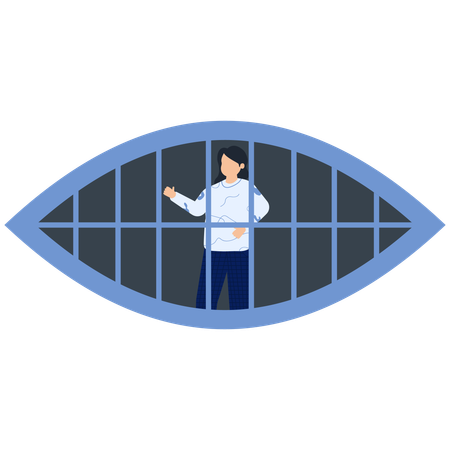 Personne derrière les barreaux, avec un cadre de fenêtre bleu en arc, véhiculant des thèmes de confinement  Illustration