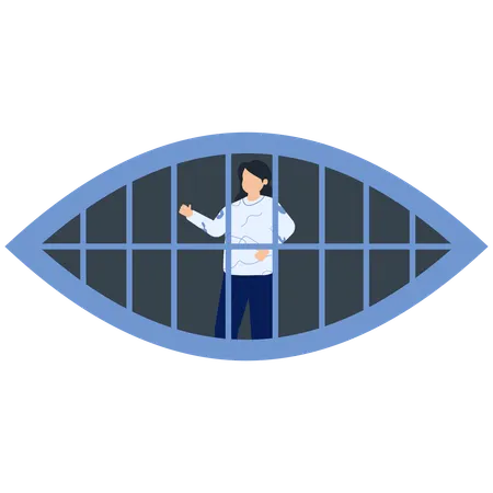 Personne derrière les barreaux, avec un cadre de fenêtre bleu en arc, véhiculant des thèmes de confinement  Illustration