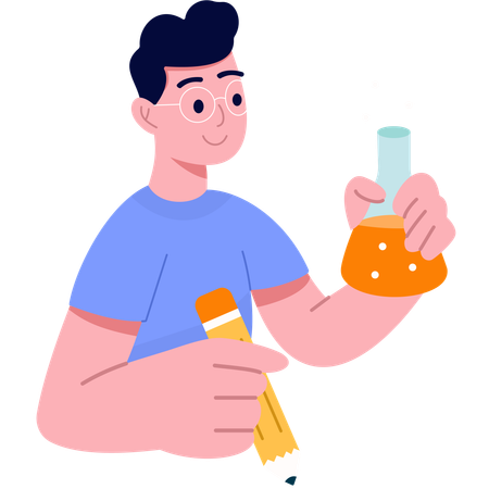 Personne écrivant tout en tenant une bouteille de laboratoire  Illustration