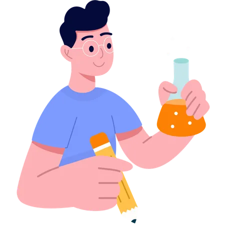 Personne écrivant tout en tenant une bouteille de laboratoire  Illustration