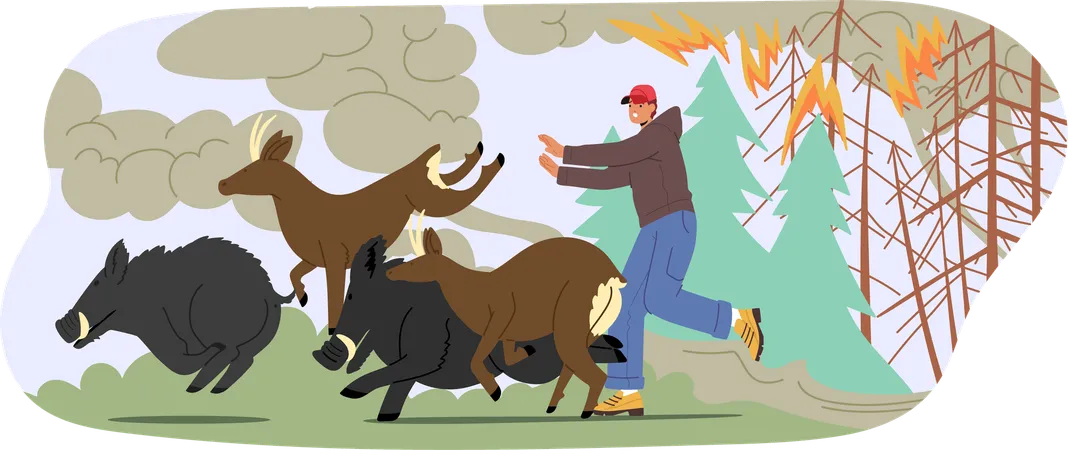 Un homme et un cerf propagent un incendie de forêt  Illustration