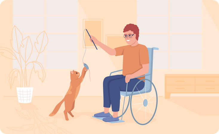 Personne handicapée jouant avec un chat  Illustration