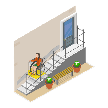 Désactiver la personne utilisant la rampe pour descendre les escaliers en fauteuil roulant  Illustration