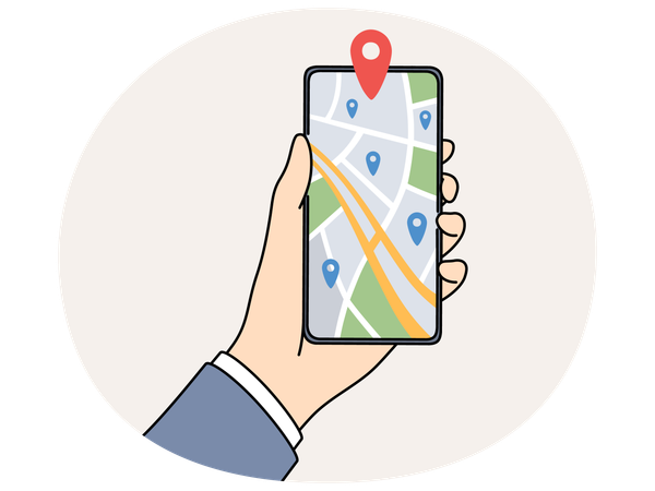 Personne tenant un téléphone portable avec un traceur GPS sur une carte  Illustration
