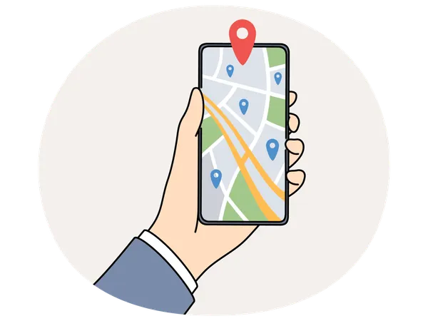 Personne tenant un téléphone portable avec un traceur GPS sur une carte  Illustration