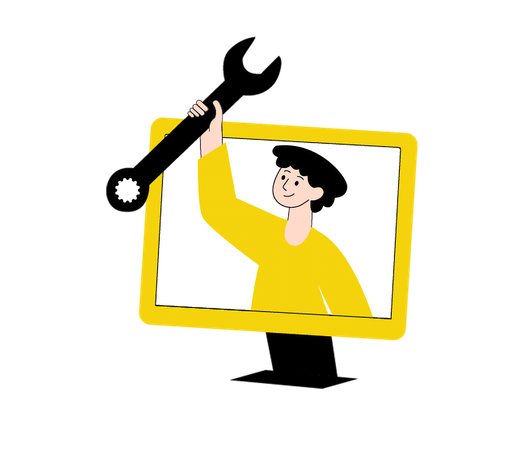Personne tenant une clé à molette sur un écran d'ordinateur  Illustration