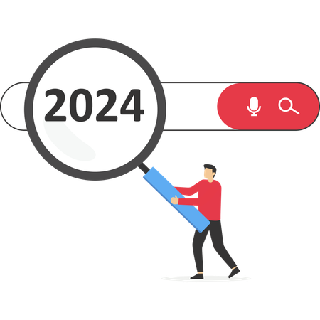 Personne tenant une loupe pour une recherche d'emploi en 2024  Illustration