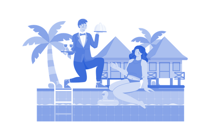 Personnel du complexe balnéaire servant des boissons au bord de la piscine  Illustration