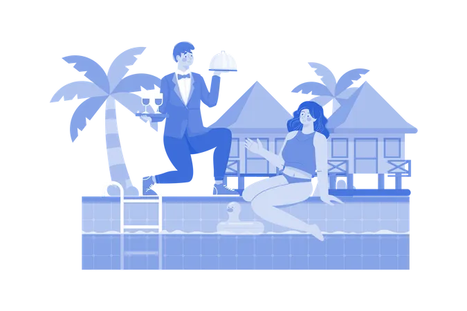 Personnel du complexe balnéaire servant des boissons au bord de la piscine  Illustration