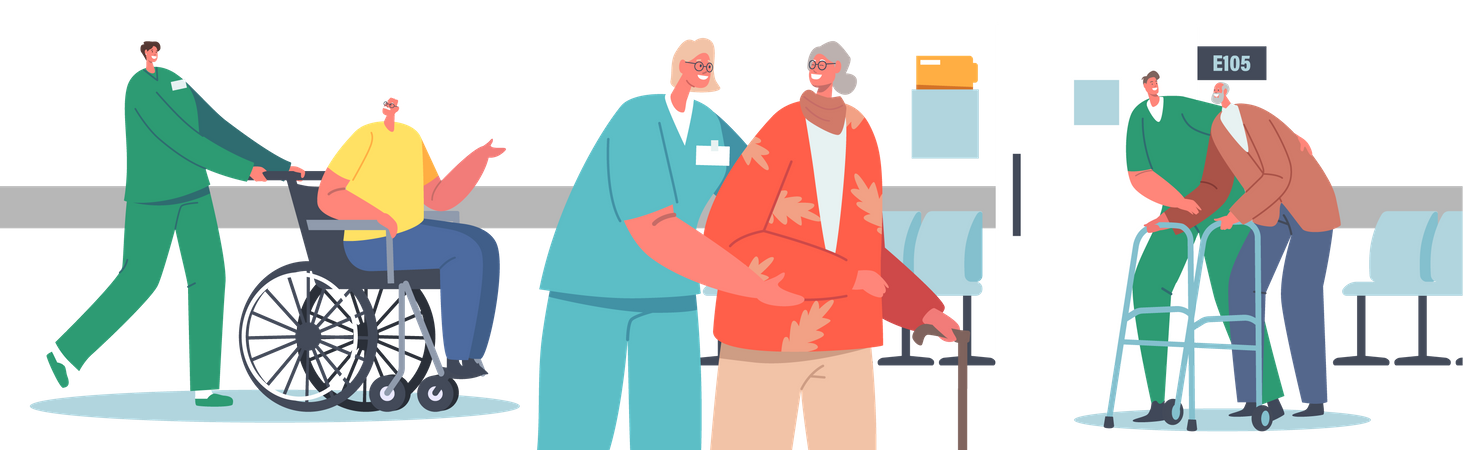 Personnel hospitalier aidant les patients âgés  Illustration