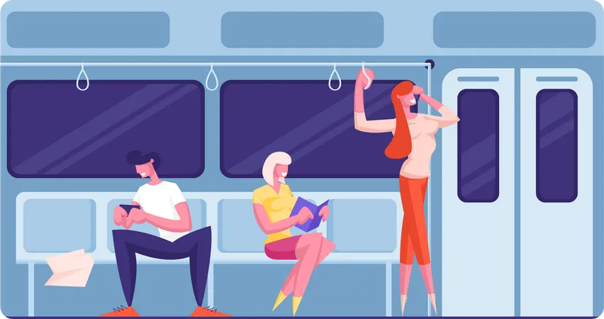 Les gens à l’intérieur du train font des activités de loisirs  Illustration