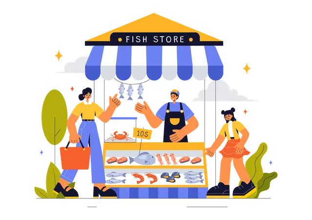 Des gens achètent des fruits de mer au marché  Illustration